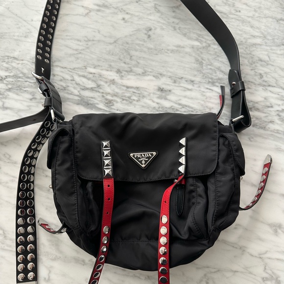Prada Handbags - Prada New Vela Studded Black and Red Messenger Bag